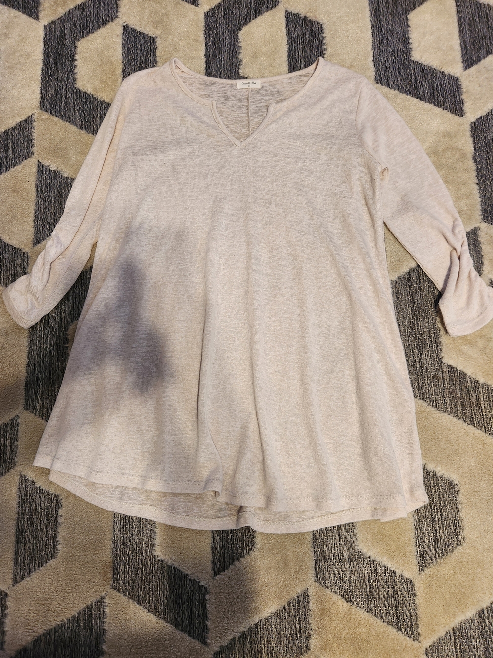 Washed Light Beige V-Neck Roll-Sleeve Tunic Top